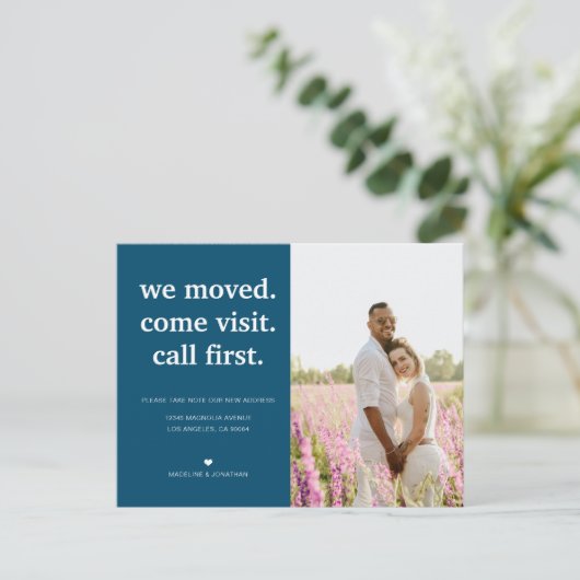 Navy Blau Minimalistisch haben wir bewegtes Foto Ankündigungspostkarte (Stehend Vorderseite)