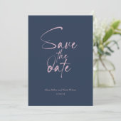Navy Blau Minimalistische, Save the Date Schrift Einladung (Stehend Vorderseite)