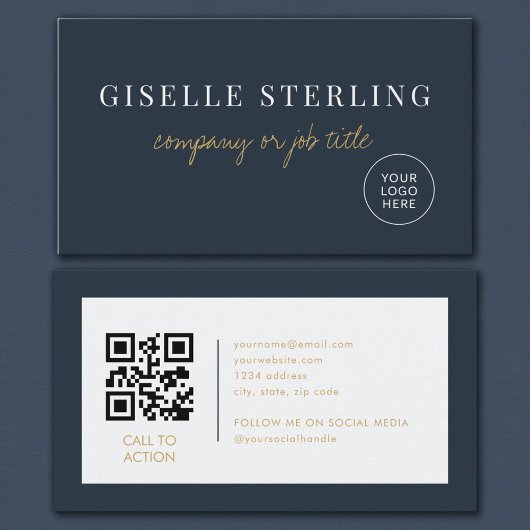 Navy Blau Minimalistisches Firmenlogo QR-Code Visitenkarte