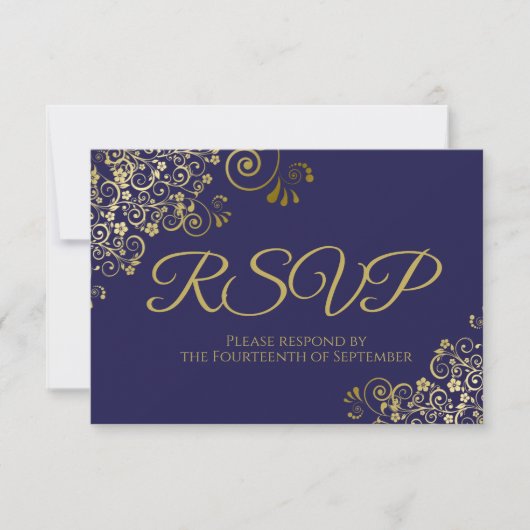 Navy Blau mit Elegant Gold Lace Wedding RSVP Karte (Vorderseite)