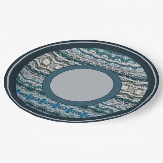 Navy Blau mit Grau gemustert Pappteller (Schrägansicht)