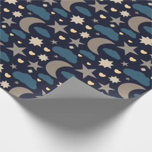 Navy Blau Mond Sterne und Wolken Geschenkpapier