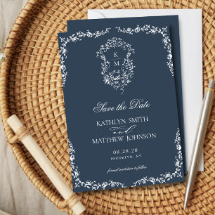 Navy Blau Monogramm Blumen Vintage Wappen Hochzeit Save The Date