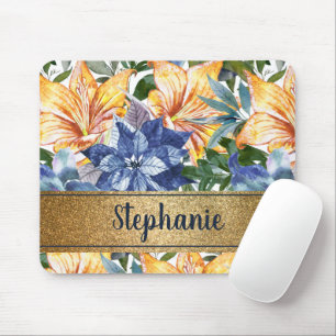 Navy Blau Orange Blumen Gold Name Schrift   Mousepad