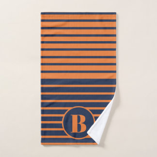 Navy Blau Orange Gestreiftes Monogramm Handtuch