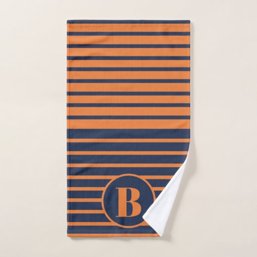 Navy Blau Orange Gestreiftes Monogramm Handtuch (Handtuch)