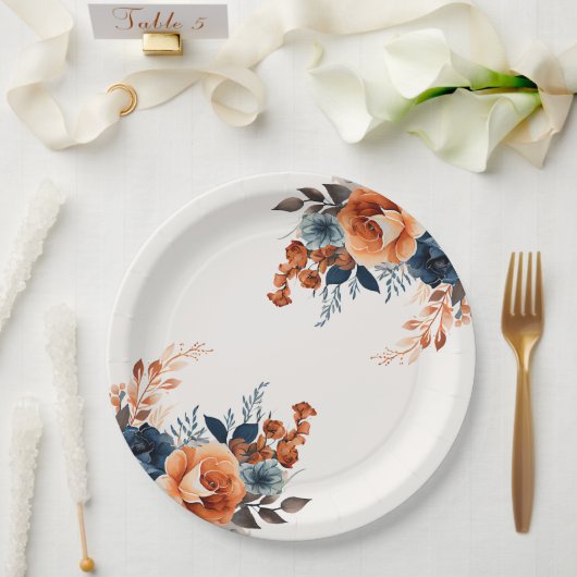 Navy Blau Orange Wasserfarben-Blumen Pappteller (Hochzeit)