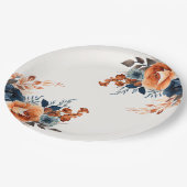 Navy Blau Orange Wasserfarben-Blumen Pappteller (Schrägansicht)