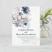 Navy Blau, Peach und Gold Aquarellblume Einladung (Stehend Vorderseite)