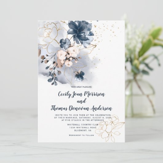 Navy Blau, Peach und Gold Aquarellblume Einladung (Stehend Vorderseite)