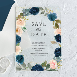 Navy Blau Pfirsich Blumen Hochzeit Save the Date Acryleinladungen