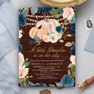 Navy Blau Pfirsich Floral Kürbis Holz Babyparty Einladung