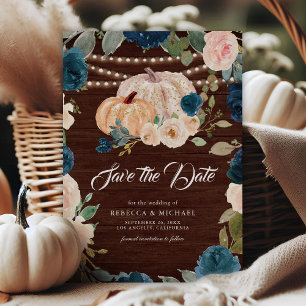 Navy-Blau Pfirsich Floral Kürbis Holz Hochzeit Save The Date