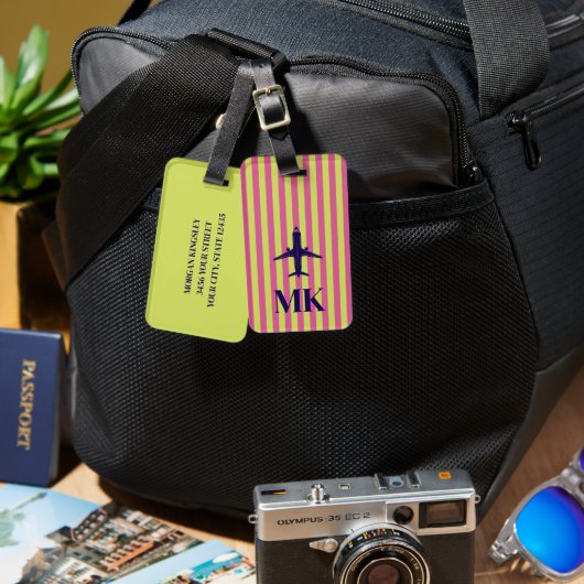 Navy Blau Pink Lime Flugzeug Gestreift Monogrammie Gepäckanhänger (Vorderseite & Rückseite)