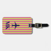 Navy Blau Pink Lime Flugzeug Gestreift Monogrammie Gepäckanhänger (Vorderseite horizontal)