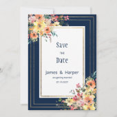 Navy Blau Pink Orange Gold Blumen Save the Date Einladung (Vorderseite)