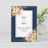 Navy Blau Pink Orange Gold Blumen Save the Date Einladung (Stehend Vorderseite)