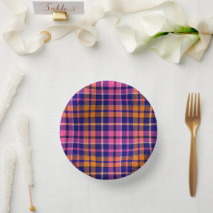 Navy Blau Pink Orange Karo Tartan Design Pappteller