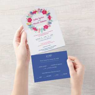 Navy Blau Pink Wilder Regenwald Immergrün Hochzeit All In One Einladung