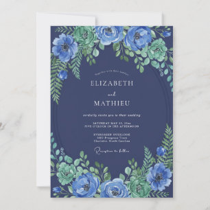 Navy-Blau Prächtige Botanische Hochzeit Einladung