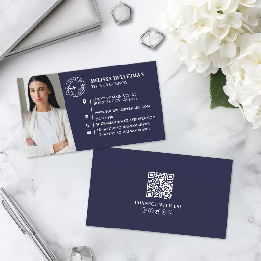 Navy Blau Professionelles QR-Code-Foto-Logo Visitenkarte