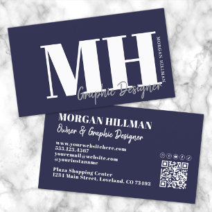 Navy Blau QR Code Einfaches Monogramm Visitenkarte