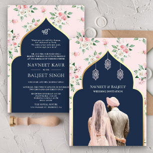 Navy Blau Rosa Floral Anand Karaj Sikh Hochzeit Einladung
