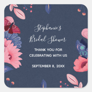 Navy Blau Rosa Florale Schmetterlinge Brautparty Quadratischer Aufkleber
