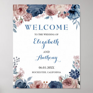 Navy Blau Rosa Mauve Aquarell Hochzeitskulisse Poster