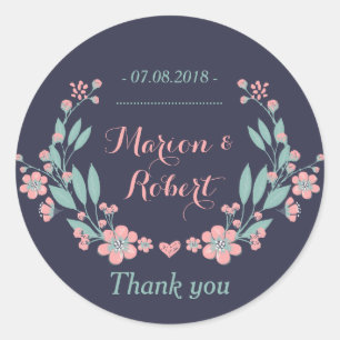 Navy Blau Rosa Vintage Blumen Danke-Aufkleber Runder Aufkleber