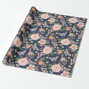 Navy Blau & Rosafarbene Botanische Blumenverpackun Geschenkpapier