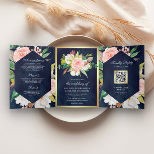 Navy Blau Rosafarbenes Florales Gold QR Code Hochz Dreifach Gefaltete Einladung