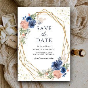 Navy Blau Rosarote Rosen Geometrische Hochzeit Save The Date