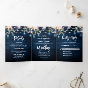 Navy Blau Rosé Rosa Lichterkette Trifold Hochzeit Dreifach Gefaltete Ankündigung