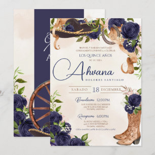 Navy-Blau-Rosé-Vintage-Charro-westliche Quinceañer Einladung