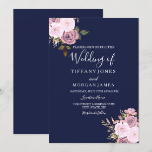 Navy Blau & Roségold Blumen Hochzeits Einladung