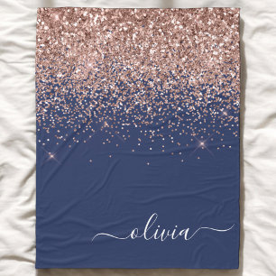 Navy Blau Roségold Blush Rosa Glitter Monogramm Fleecedecke