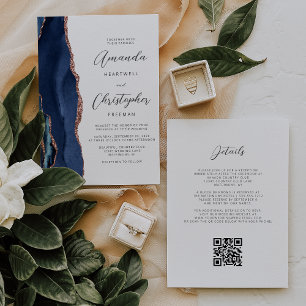 Navy Blau Rosen Gold Achat QR Code Hochzeit Einladung