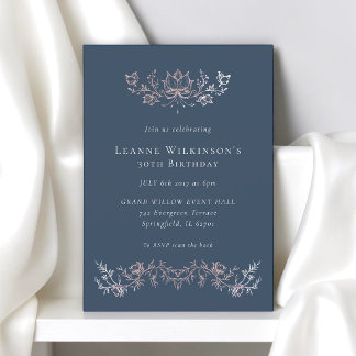 Navy Blau Rosen Gold Blumen 30. Geburtstag Einladung