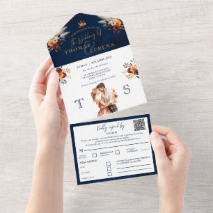 Navy Blau Rost All-in-One QR Code Pampas Gras All In One Einladung