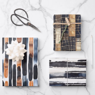 Navy Blau Rost Orange Streifen Geburtstag Geschenkpapier Set