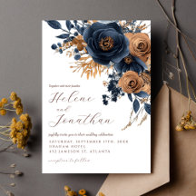 Navy Blau-Rost-Wasserfarben-Blumen Elegante Hochze