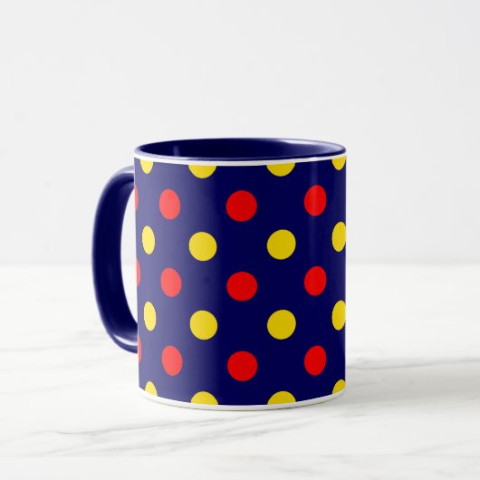 Navy Blau Rot Gelb Punkte Design  Tasse (Vorderseite Links)