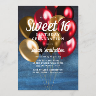 Navy Blau Rote Goldene Ballons Sweet 16 Einladung