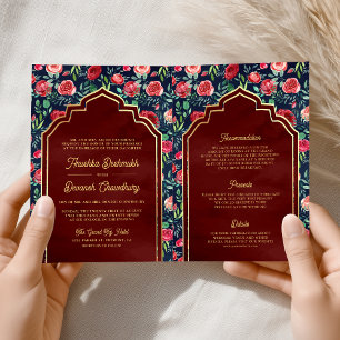Navy Blau Rote Rosen Florale Goldene Indische Hoch Einladung