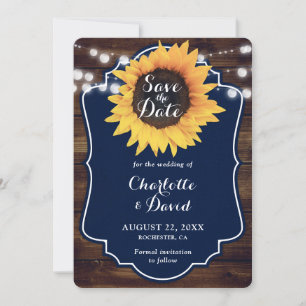 Navy Blau Rustikale Holz-Sonnenblumen-Hochzeit Save The Date