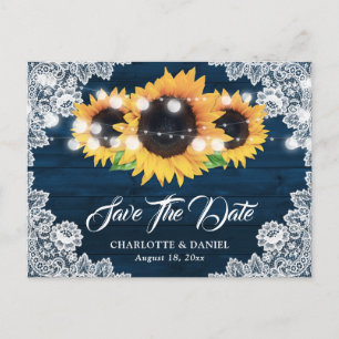 Navy Blau Rustikale Holzspitze Sonnenblume Save Th Ankündigungspostkarte