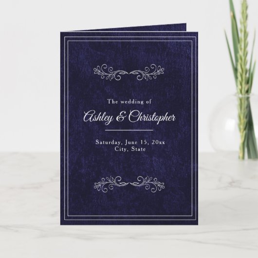 Navy Blau Samt Weiß Gefaltetes Hochzeitsprogramm Programm (Vorderseite)