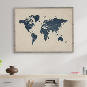 Navy Blau & Sand-Beige Weltkarte Wandkunst Druck Poster