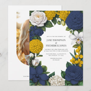 Navy Blau, Senfgelb und weiße florale Hochzeit Einladung